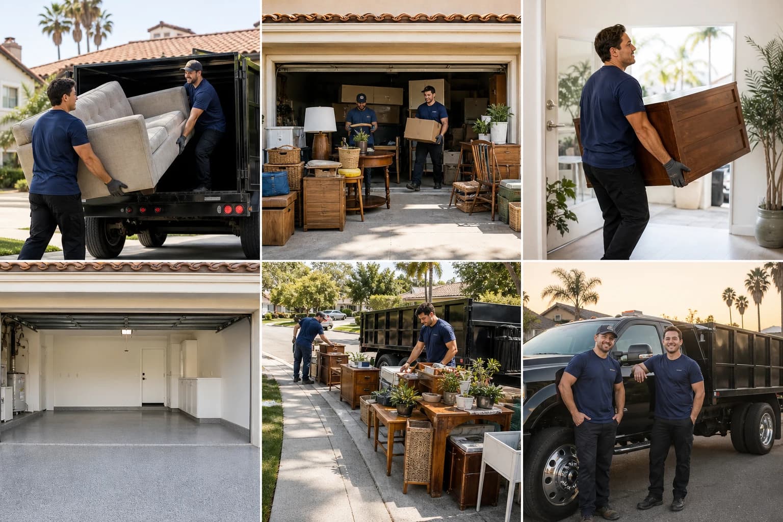 Six Instagram posts from Jedi Junk Removal showing furniture hauling, garage cleanouts, and its local crew
